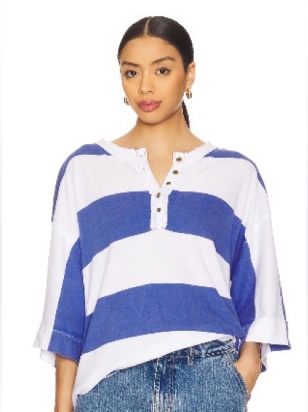 WE THE FREE Women's Oversized Striped Henley Top - Blue & White sold out online